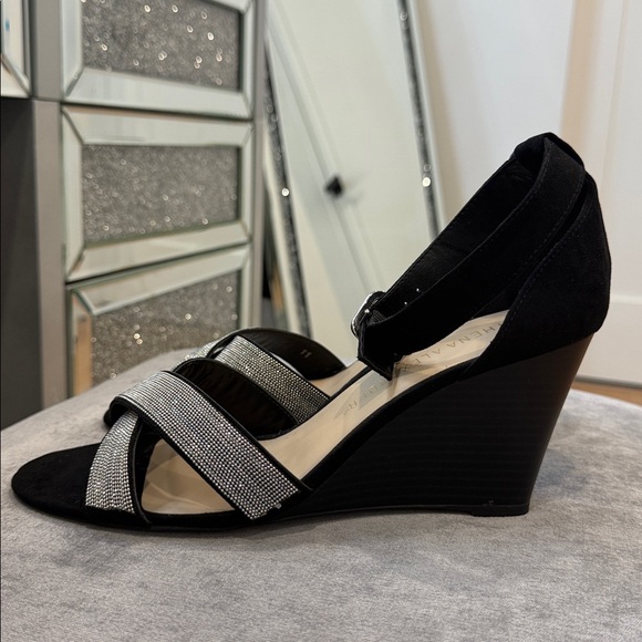 Athena Alexander Black and Silver Wedge Sandals - Picture 6 of 13